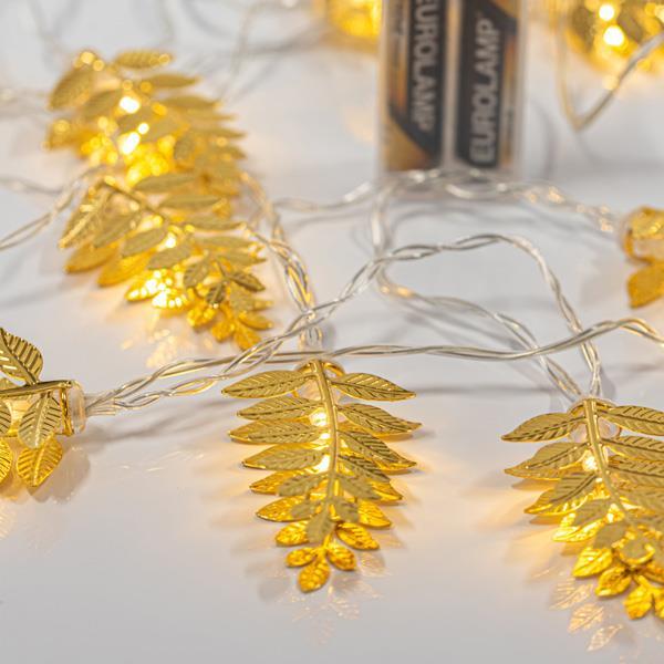 ΣΕΙΡΑ, 10 LED 5mm, ΜΕΤΑΛΛΙΚΑ ΧΡΥΣΑ ΦΥΛΛΑ 6cm, ΜΠΑΤΑΡΙΑΣ 2xAA, ΧΡΟΝΟΔΙΑΚΟΠΤΗ, ΔΙΑΦΑΝΟ PVC ΚΑΛΩΔΙΟ, ΘΕΡΜΟ ΛΕΥΚΟ LED ΑΝΑ 10cm, ΠΡΟΕΚΤΑΣΗ ΠΑΡΟΧΗΣ 50cm, IP20