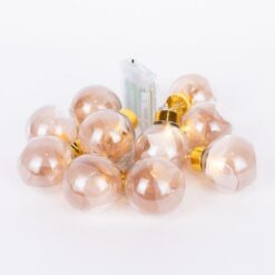 ΣΕΙΡΑ, 10 LED 5mm, ΔΙΑΚΟΣΜΗΤΙΚEΣ ΜΠΑΛΕΣ ΜΕ ΡΟΖ ΧΡΥΣΟ ΥΦΑΣΜΑ, ΜΠΑΤΑΡΙΑΣ 3ΧΑΑ, ΧΡΟΝΟΔΙΑΚΟΠΤΗ, ΘΕΡΜΟ ΛΕΥΚΟ LED ΑΝΑ 15cm,  ΔΙΑΦΑΝΟ PVC ΚΑΛΩΔΙΟ, ΠΡΟΕΚΤΑΣΗ ΠΑΡΟΧΗΣ 30cm, IP20